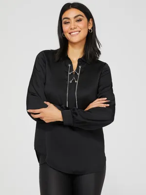 Satin Collared Popover Blouse With Silver Chain Detail, Black /