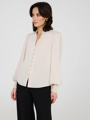 Satin Button-Front Blouse With Crochet Details