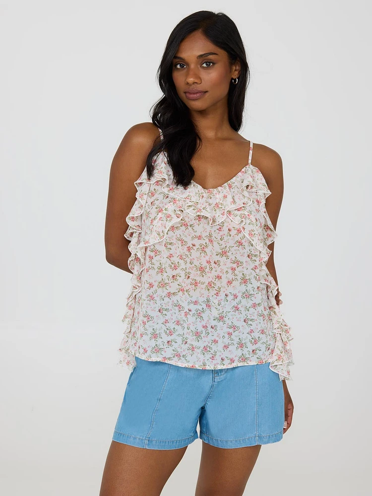 Camisole en mousseline à volants et imprimé floral