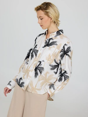 Tropical Print Button-Up Linen Shirt