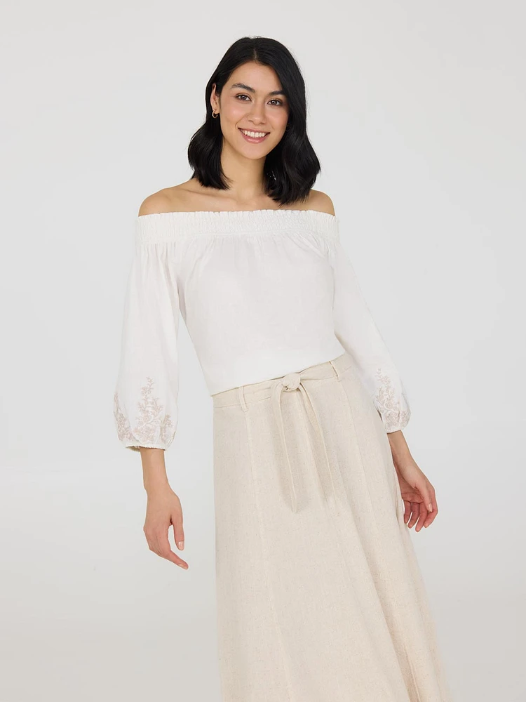 Off-The-Shoulder Linen Bubble Hem Top