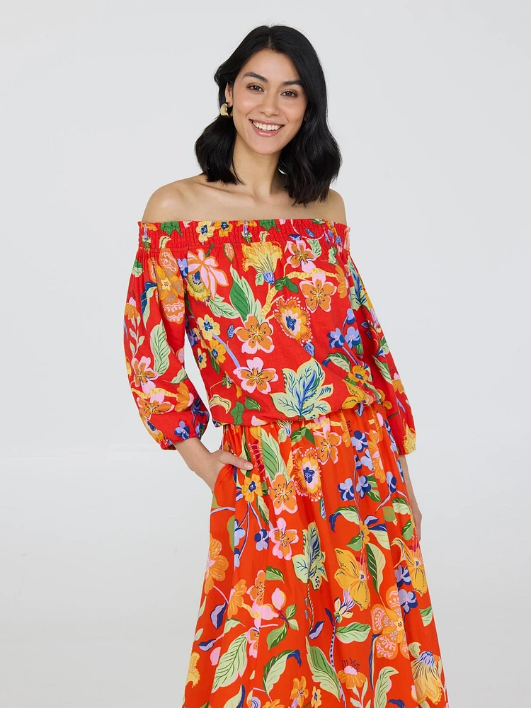 Floral Off-The-Shoulder Linen Bubble Hem Top
