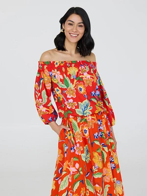 Floral Off-The-Shoulder Linen Bubble Hem Top