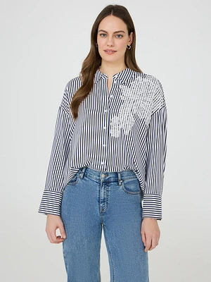 Floral Appliqué Striped Blouse