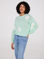 Crew Neck Sweater With Crochet Flowers