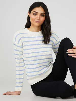 Striped Chenille Scoop Neck Sweater, Antique Creme /