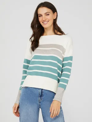 Metallic Striped Boat Neck Sweater, Pearl /