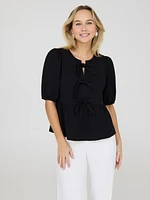 Crepe Peplum Top With Tie Front Details