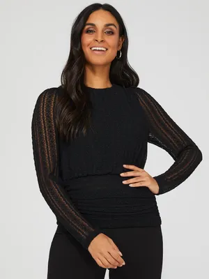 Textured Lace Crew Neck Top With Bottom Band, /