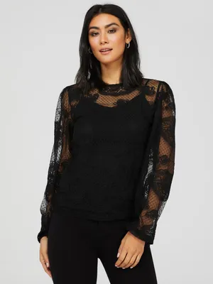 Floral Embroidered Mesh Top With Cami, Black /