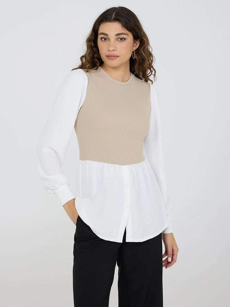 2-Fer Ribbed Top With Button-Front Blouse