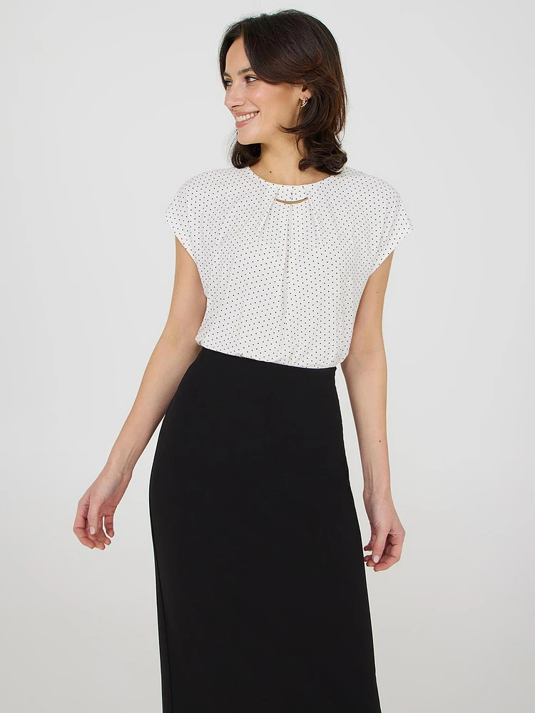 Dot Print Pleated Top With Bar Detail