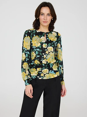 Textured Floral Print Front Keyhole Top