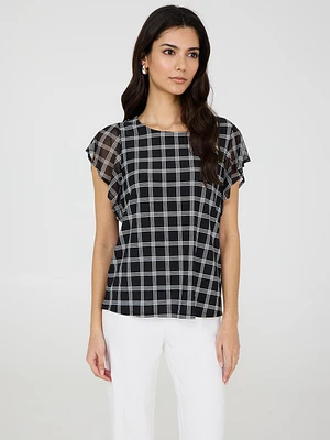 Plaid Print Mesh Flutter Sleeve Top