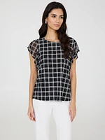 Plaid Print Mesh Flutter Sleeve Top