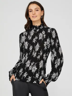 Floral Print Textured Plisse Mock Neck Top, Black /