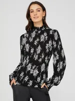 Floral Print Textured Plisse Mock Neck Top, Black /