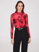 Floral Print Mock Neck Mesh Top