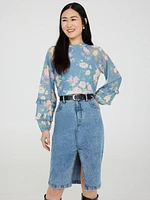 Floral Print Mesh Top With Ruffle Details