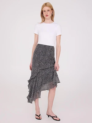 Printed Asymmetrical Ruffle Midi Skirt