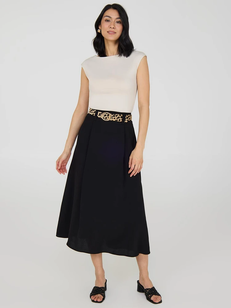 Belted A-Line Satin Midi Skirt