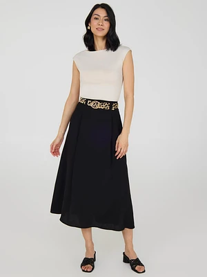 Belted A-Line Satin Midi Skirt