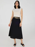Belted A-Line Satin Midi Skirt