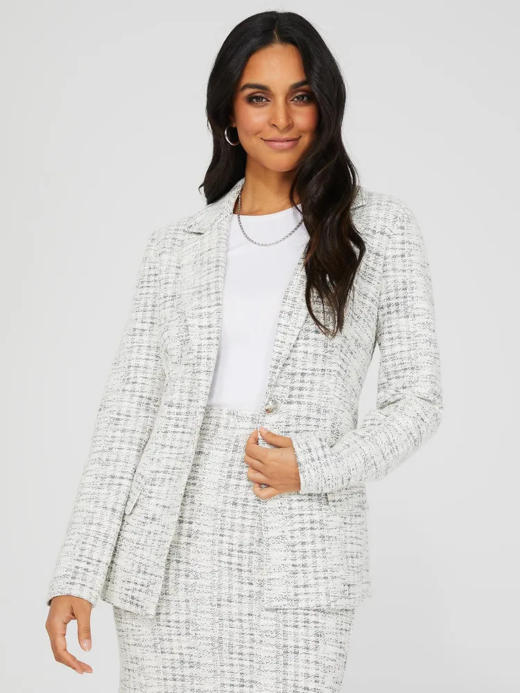 One-Button Boucle Blazer, Pearl /