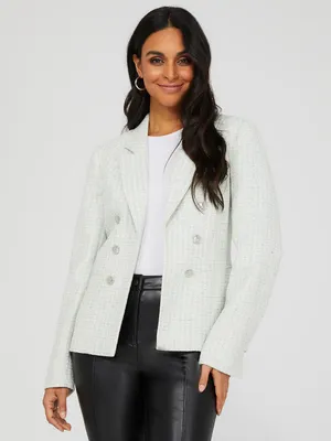 Faux Double-Breasted Boucle Blazer, Sage /