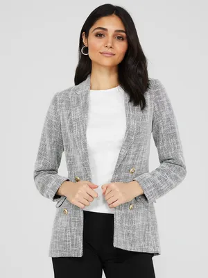 Long Faux Double-Breasted Boucle Blazer, Black /