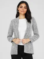 Long Faux Double-Breasted Boucle Blazer, Black /