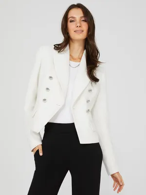 Waisted Metallic Double-Breasted Boucle Blazer, Pearl /