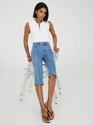 Pantalon capri en denim avec pinces sur le devant