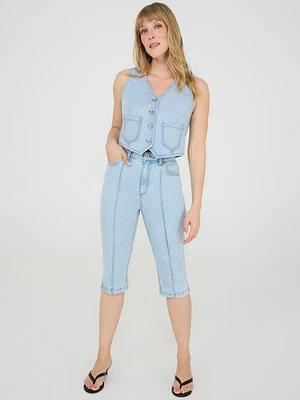 Front Pintuck Denim Capri Pants