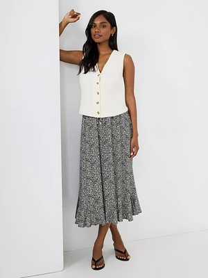 Floral Print Flounce Midi Skirt