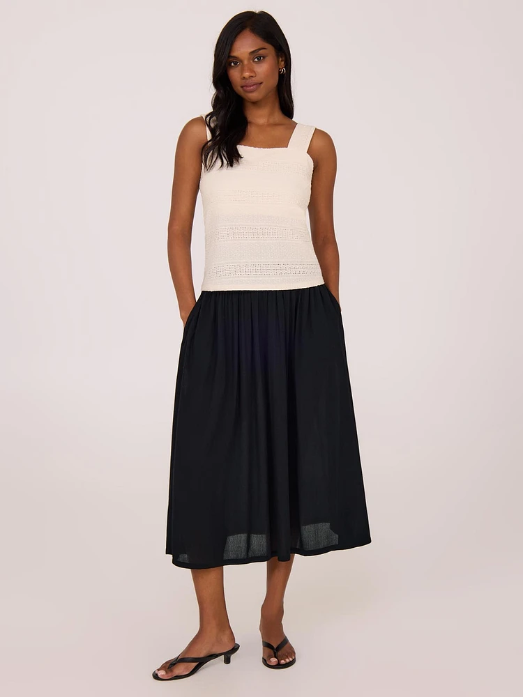 Crinkle Gauze Midi Skirt With Pockets
