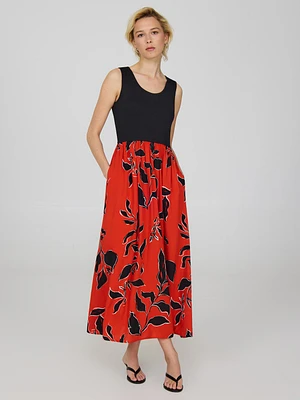 Scoop Neck Midi Dress With Shadow Print Skirt