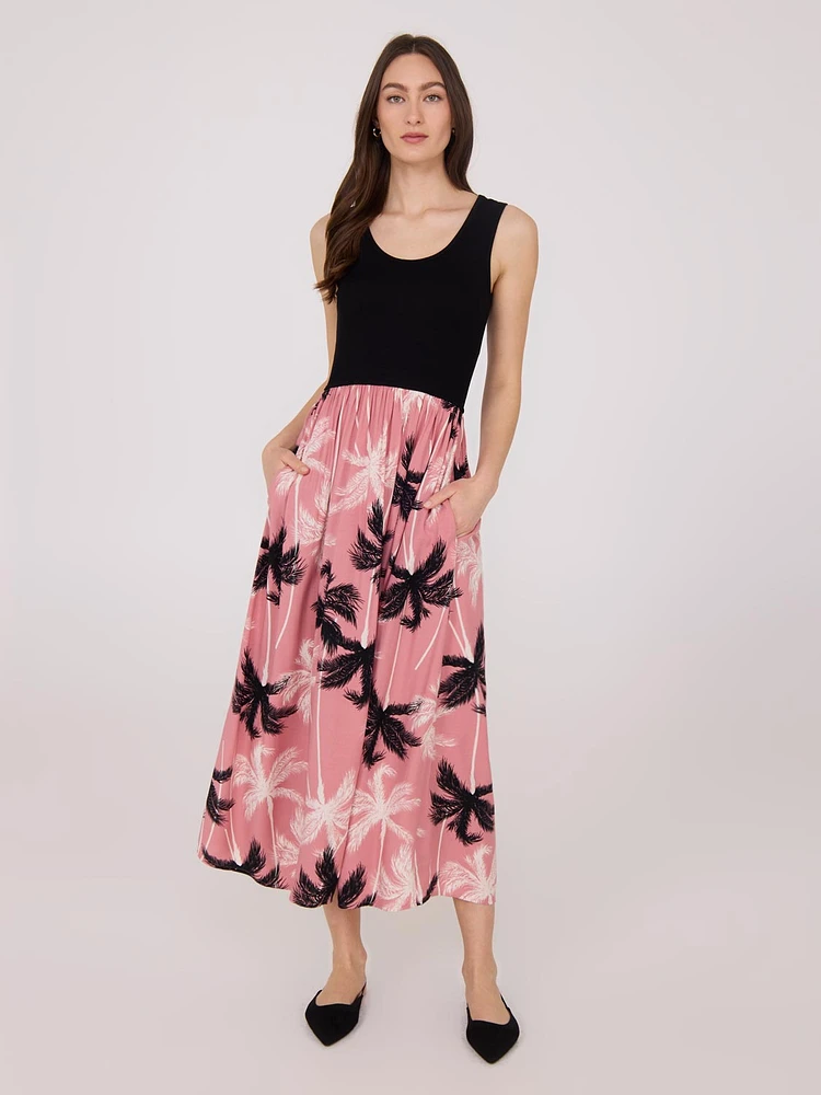 Scoop Neck Midi Dress With Floral Skirt