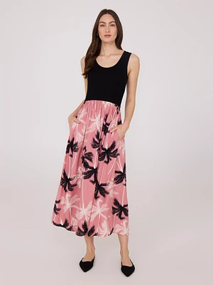 Scoop Neck Midi Dress With Floral Skirt