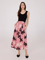 Scoop Neck Midi Dress With Floral Skirt