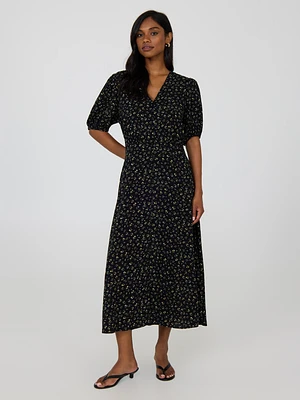 Floral Print Puff Sleeve Midi Dress