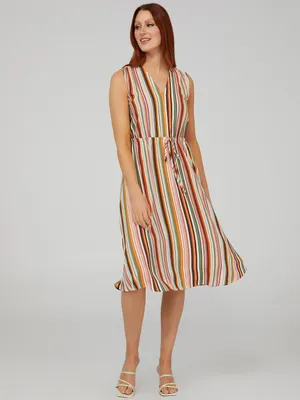 Striped Midi Dress With A-Line Skirt, Antique Creme /