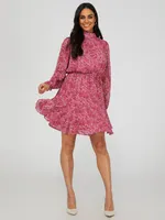 Floral Print Mock Neck Mini Dress, Dk Pink /