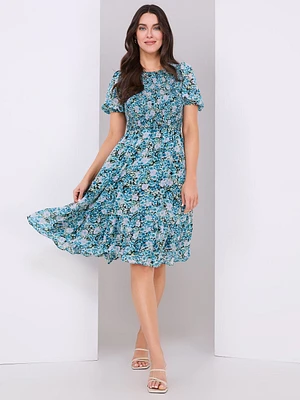 Floral Print Puff Sleeve Smocked Dress