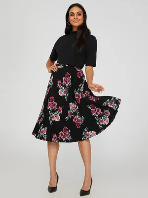 Mock Neck Midi Dress With Floral Print Pleated Skirt, Black /