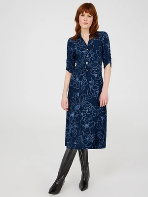 Printed Button-Front Midi Dress With Pockets