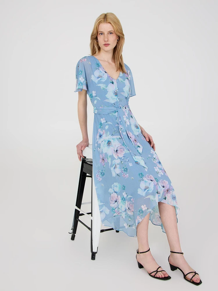 Robe en mousseline à imprimé floral avec ourlet asymétrique