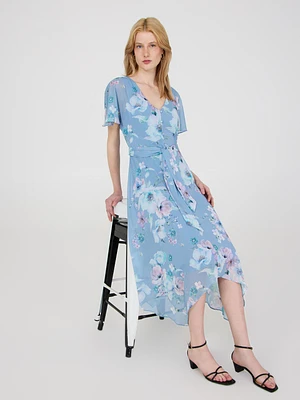 Floral Print Chiffon Handkerchief Hem Dress