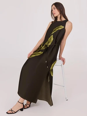 Printed Sleeveless Satin Midi Dress