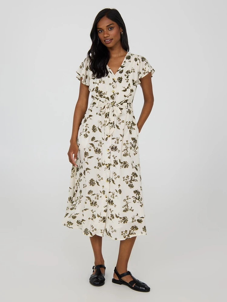 Robe mi-longue boutonnée à manches flottantes et imprimé floral